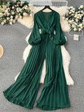 V Neck Jumpsuits for Women Long Puff Sleeve Belt Design Loose Wide Legs Pleated Pants Streetwear Fashion OL