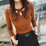 Winter Hollow Out Sexy Solid Sweater Ladies Elegant Fashion Slim Bottoming Knitting Pullover Tops Women Casual