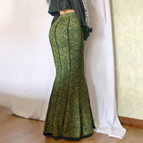 Green Lace Printed Trumpet Long Skirt- Outfit