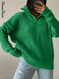 Autumn Winter Turtleneck Knitted Vintage Sweater Women 2021 Long Sleeve Zipper Loose Green Khaki Y2k Casual