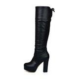 Autumn Women Platform Knee High Boots Square High Heel Lacing Fashion Boots Winter Ladies Shoes Black