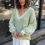 Women V Neck White Casual Preppy Style Korean Long Sleeve Jumpers Ladies High Street 2021 top Autumn Winter
