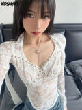 Fairy Sexy Crochet Grunge Blouse Women Pleated Slim Irregular Top Shirt Y2k Aesthetic All Mtach Blusas Streetwear De