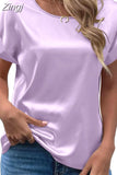 Lady Short Sleeve Satin Blouse Loose Casual Round Neck Solid Shirts Fashion 2023 Summer Elegant Tops Women Clothing
