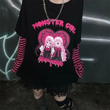 Women Autumn Alt Streetwear Harajuku Gothic Anime Fairy Grunge Punk Patchwork Long Sleeve Y2K T-Shirt Hip Hop Tops