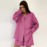Women Linen Shorts 2 Piece Set Casual Oversize Shirts And Wide Leg Shorts Suits Loungewear Solid Summer Loose