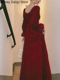 Red Long Dress Women Vintage Square Collar Chic Sequin Design Formal Occasion Dress Casual Wedding Evening Party