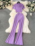 2024 Y2k Women Sets Short Skinny Crop Tops+Long Flare Pants Simple Style Fashion Streetwear Casual Two Pieces