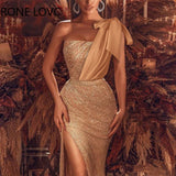 Women Elegant Diagonal Shoulder Feather Hollow Out Sequins High Silt Maxi Bodycon Sexy Formal Party