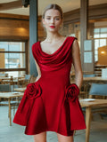 French Elegant Windy High-Waist Three-Dimensional Flower Dress 2025 New Sleeveless Design Solid Color Retro