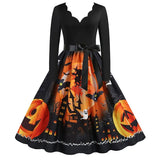 Midi Women Halloween Dress Autumn Winter Vintage Printed V-Neck Long Sleeve Swing Party Festival Sundress S~3XL
