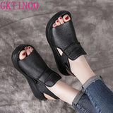 2021 Summer Shoes Thick Bottom Flat Platform Sandals For Women Genuine Cow Leather Fashion Wedges Peep Toe Women