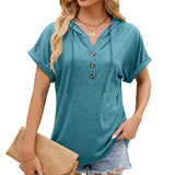 Zingj / Summer 2024 New Hooded Drawstring Button Solid Color Loose T-Shirt Top-Outfit