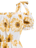 Boho Dress Women 3XL Cold Shoulder Self Tie Sunflower Print Dress Square Neck Fashion Party