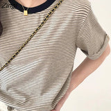 Woman Casual Short-sleeve Striped Ladies Streetwear Trendy Korean Style Simple Daily Summer Ins Retro All-match