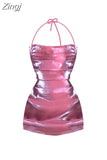 Women's Sexy Bodycon Dress Sleeveless Backless Skinny Elegant Bandage Dresses Club Evening Party Pink Short Dress