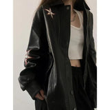 Vintage Embroidered Star Pu Leather Jacket-Outfit