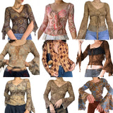 Vintage Fairy Grunge Crop Top Flare Sleeve Autumn Spring Female T-shirt Y2K Graphic Print Kawaii Tee Shirt Women