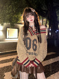 Brown V-neck Letter Print Oversize Sweater- Outfit