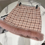 Winter Long Sleeve Real Fox Fur Collar V Neck Pink Plaid Tweed Coat Short Bodycon Skirt Two Piece Set Outfits