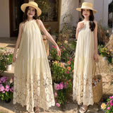 Zingj Summer New Style Hanging Neck Dress Lace Hollow Out Seaside Holiday Heavy Industry Pendant Feeling Skirt Beach Dress