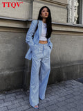 Casual Long Sleeve Blazer Two Piece Sets Womens Outfits Elegant Loose Wide Pants Sets Fashion Blue Cotton Trouser