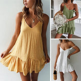 Spaghetti Strap Ruffle Dress Women Summer Dress Cotton Linen Vestidos Green Dresses Off Shoulder Sexy Mini