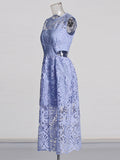 2025 New Fashion Round Collar Solid-Colored Flower Embroidered Lace Hollow Design With High-End Feel Dress