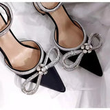 Zingj Summer Sandals Women's New Pointed Rhinestone Bow One Word Button Belt Sexy High Heel Plus Size Women's