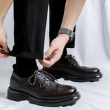 Zingj Vintage Round Head Cloth Block Carved Men's Fashion Business Casual Leather Shoes Increased Thick Bottom