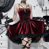 Halloween Dark Suede Tie Waist Dress Sexy Lace Suspender Skirt
