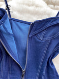 American Vintage Denim Bodysuits Spaghetti Strap Skinny Women Playsuits Fashion Streetwear Slim Sexy Zipper