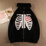 Women Hoodies Style Loose Skeleton Zip Up Hoodie Goth Grunge Long-Sleeved Hooded Jacket Retro Black Oversized Sweatshirt
