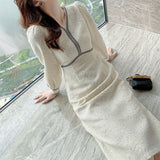 Sequins V-Neck Woolen Maxi Dresses for Women Party Temperament Slim Tweed Long Sleeved Woman Dress Vestidos Winter