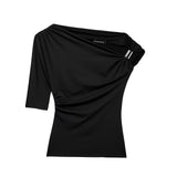 Set Asymmetric Coat 2025 Summer Folded Single-Sleeved Elastic Body Trim Women's T-Shirt