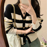 Zingj New Autumn Stripe V-Neck Knit Cardigan Jacket Korean Chic Short Jacket Design Sense Of Minority Women-Outfit