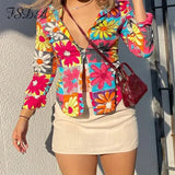 2021 Floral Print Long Sleeve T Shirts Women Sexy V Neck Vintage Fashion Casual Autumn Aesthetic Crop