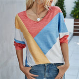 V-Neck Long Sleeve Loose Patchwork Print T-Shirt Spring Autumn Casual Fashion Top 2022 Women Comfortable Pullovers