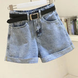 2021 Streetwear High Waist Women Blue Denim Shorts With Belt Summer Casual Female Wide Leg Plus Size 2xl Jeans