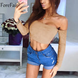 Off Shoulder Sexy Women Crop Top Black Summer Long Sleeve Spring Backless White Lady Tee Khaki Casual Solid T