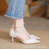Wind High Heels Women's Fine Heel 2025 Autumn New Hollow Single Shoes Small Fresh Pearl Fairy Wind Bag Head