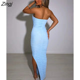 Sexy Strapless Mesh Maxi Dress Women Blue Backless High Slit Ruched Dress Female Autumn 2022 Elegant Party Club