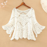 coat female crochet hollow five-point sleeve top sweater o neck knitted