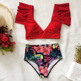 Broken Flower Vintage High Waist Bikini 2025 New Sexy Leaf Side Vest Deep V