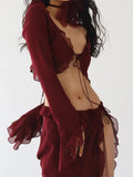 Women Ruffles 2 Piece Skirt Set Long Sleeve Mesh See Through Shirts Tops Low Waist High Split Skirts Outfits Clubwear 211-1-Outfit