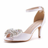 Cm Water Drill Bow Bow Fish Mouth High Heel Sandals Silk Satin Cloth Shallow Buckle With Large-Size Round Head High