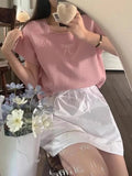 Round Neck Bow Print Short Sleeved Knitted Top-Outfit
