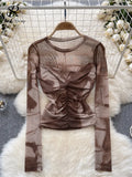 Europe Long sleeved Mesh Sheer T-shirt Fashion Skinny Temperament Office Lady Blouse O Neck Pleated Tie Dye Print