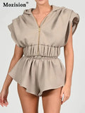 Two Piece Set For Women Solid Zipper Sleeveless Crop Top Shorts Ladies 2022 Spring New Vintage Elegant Sets