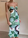 Hollow Out Women Plaid Print Midi Dress Backless Sleeveless Lace Up Bodycon Sexy Party Club Beach Street Chic